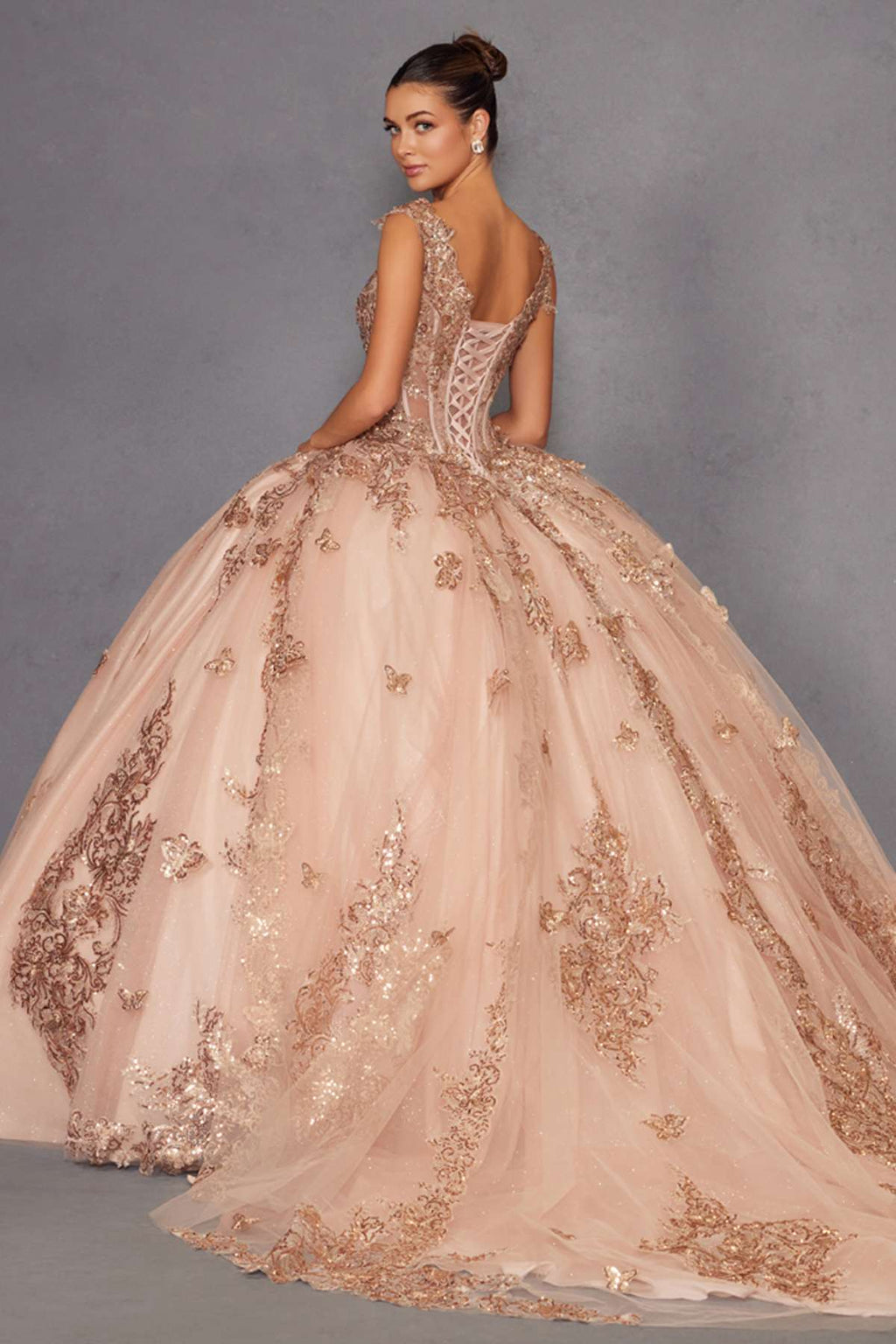 Rose gold off-shoulder ball gown with lace corset bodice and layered embroidered tulle skirt