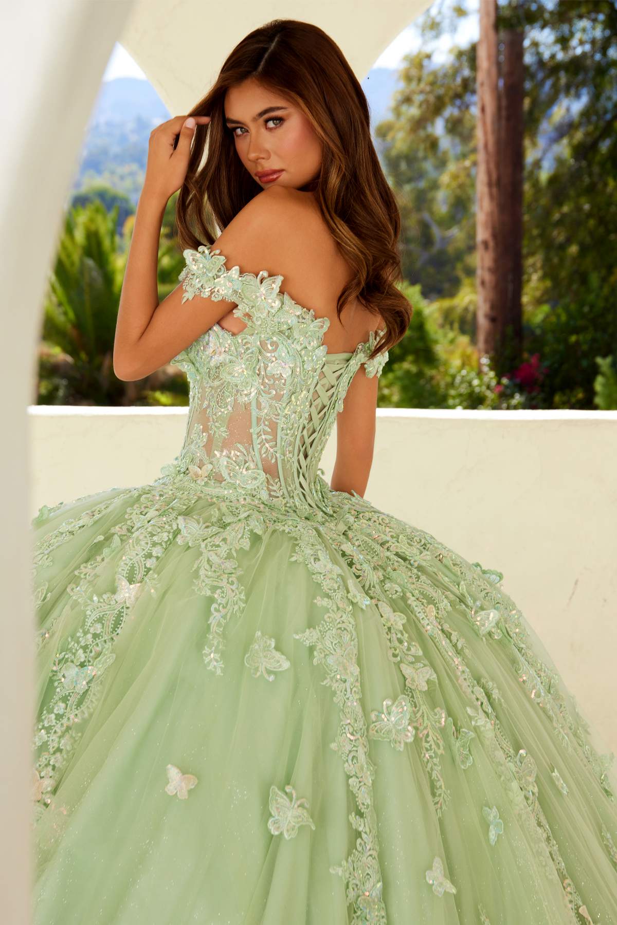 Sage green off-shoulder ball gown with fitted lace bodice and floral applique tulle skirt