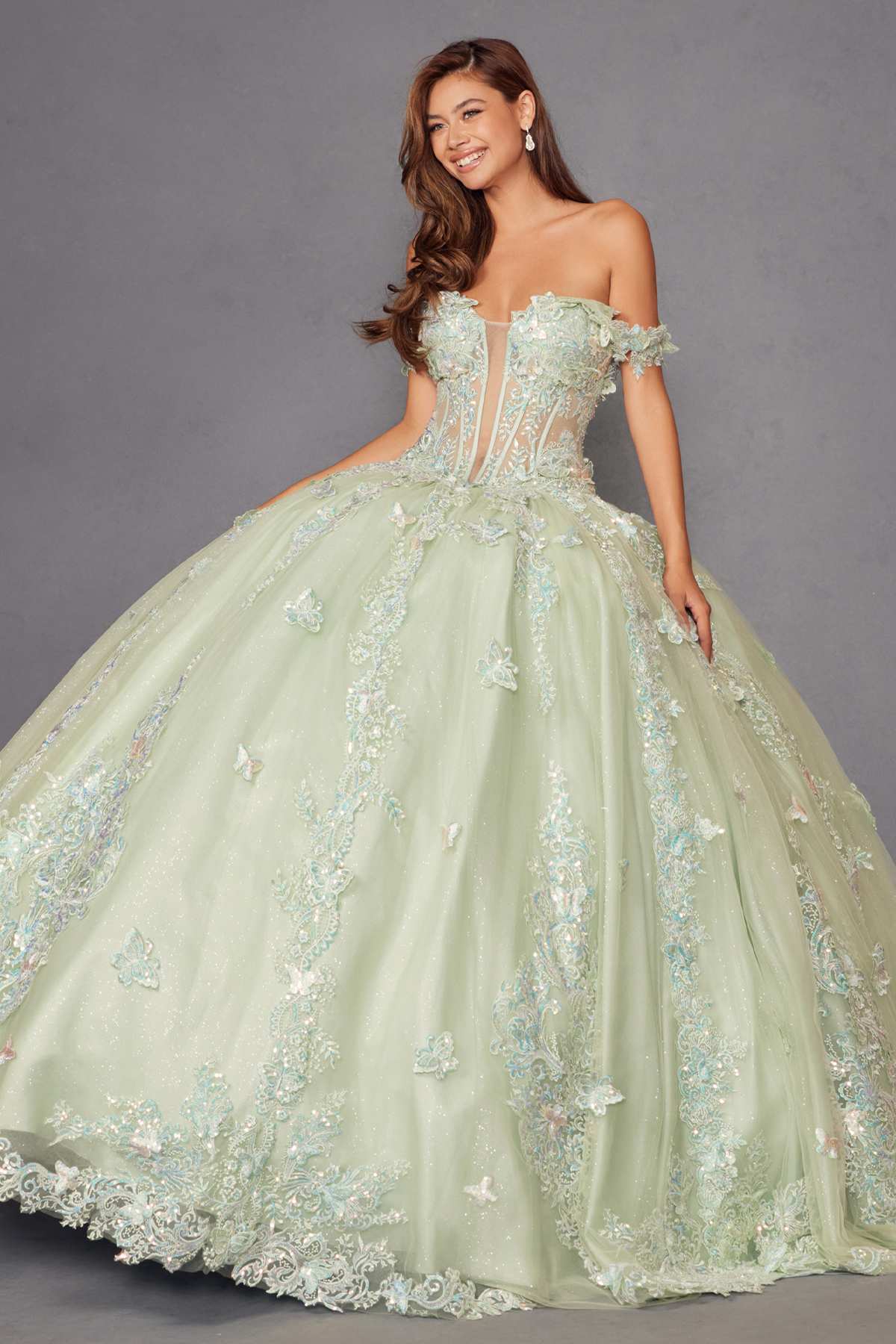 Sage green off-shoulder quinceanera ball gown with sparkling lace appliqués and full skirt