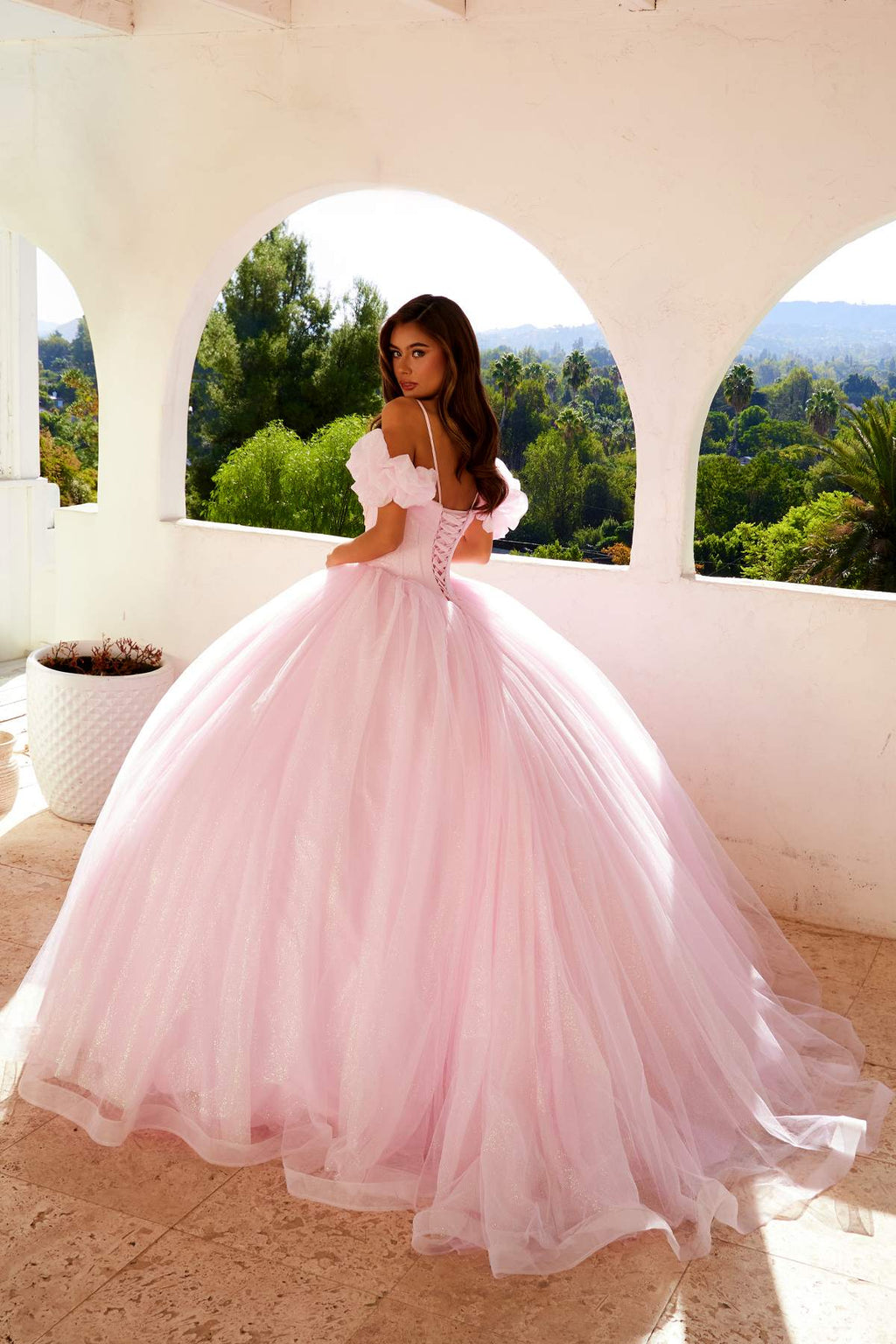 Baby pink off-shoulder ball gown, flared tulle skirt with layered hem