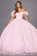 Baby pink ball gown with fitted corset bodice, puff sleeves, and full skirt