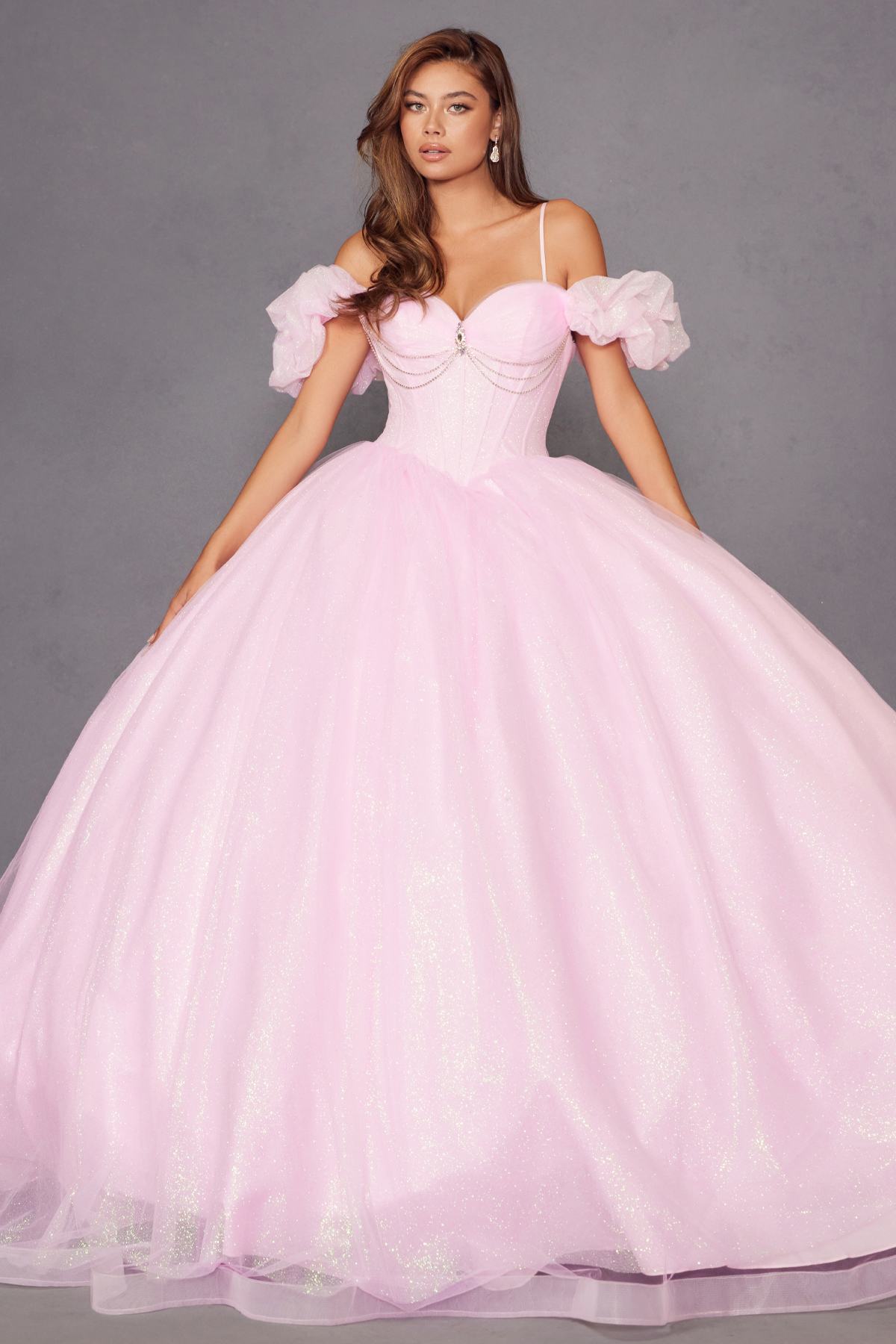 Baby pink ball gown with fitted corset bodice, puff sleeves, and full skirt