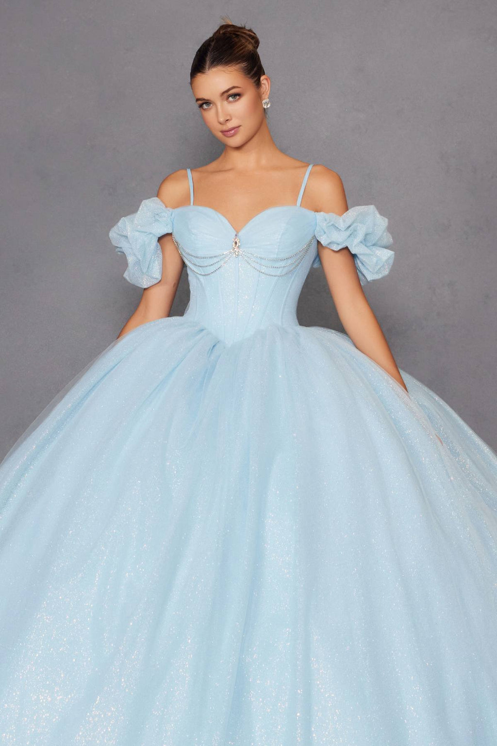 Bahama blue cold-shoulder ball gown with sweetheart bodice, ruffled cap sleeves, and full skirt
