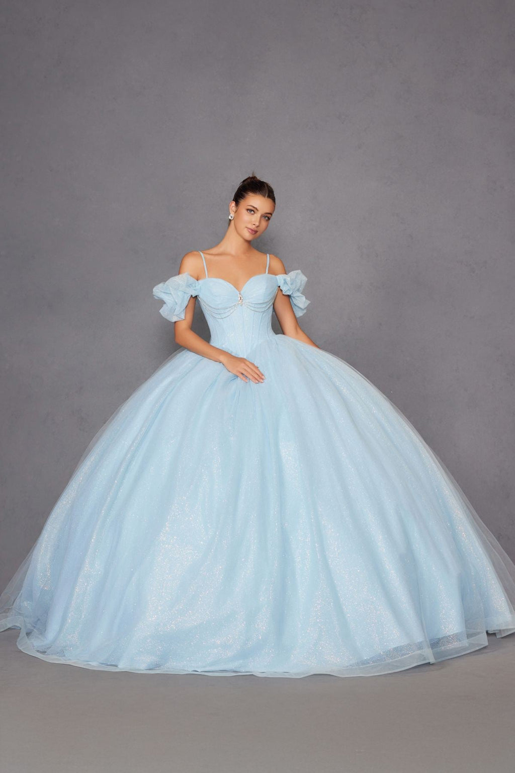 Bahama blue cold-shoulder ball gown with sweetheart bodice and puffed off-shoulder sleeves, full skirt