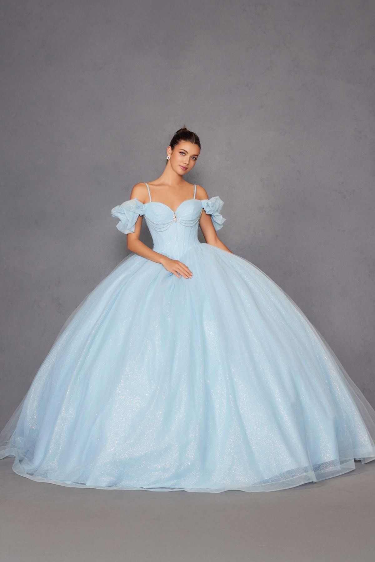 Bahama blue cold-shoulder ball gown with sweetheart bodice and puffed off-shoulder sleeves, full skirt