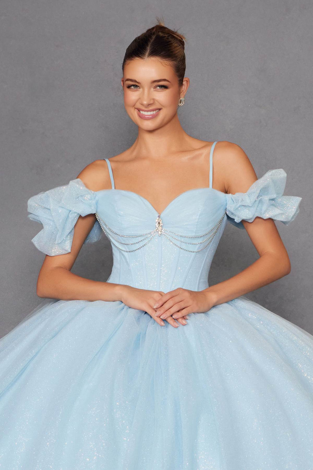 Light blue cold-shoulder ball gown with sweetheart neckline and ruffled off-shoulder sleeves