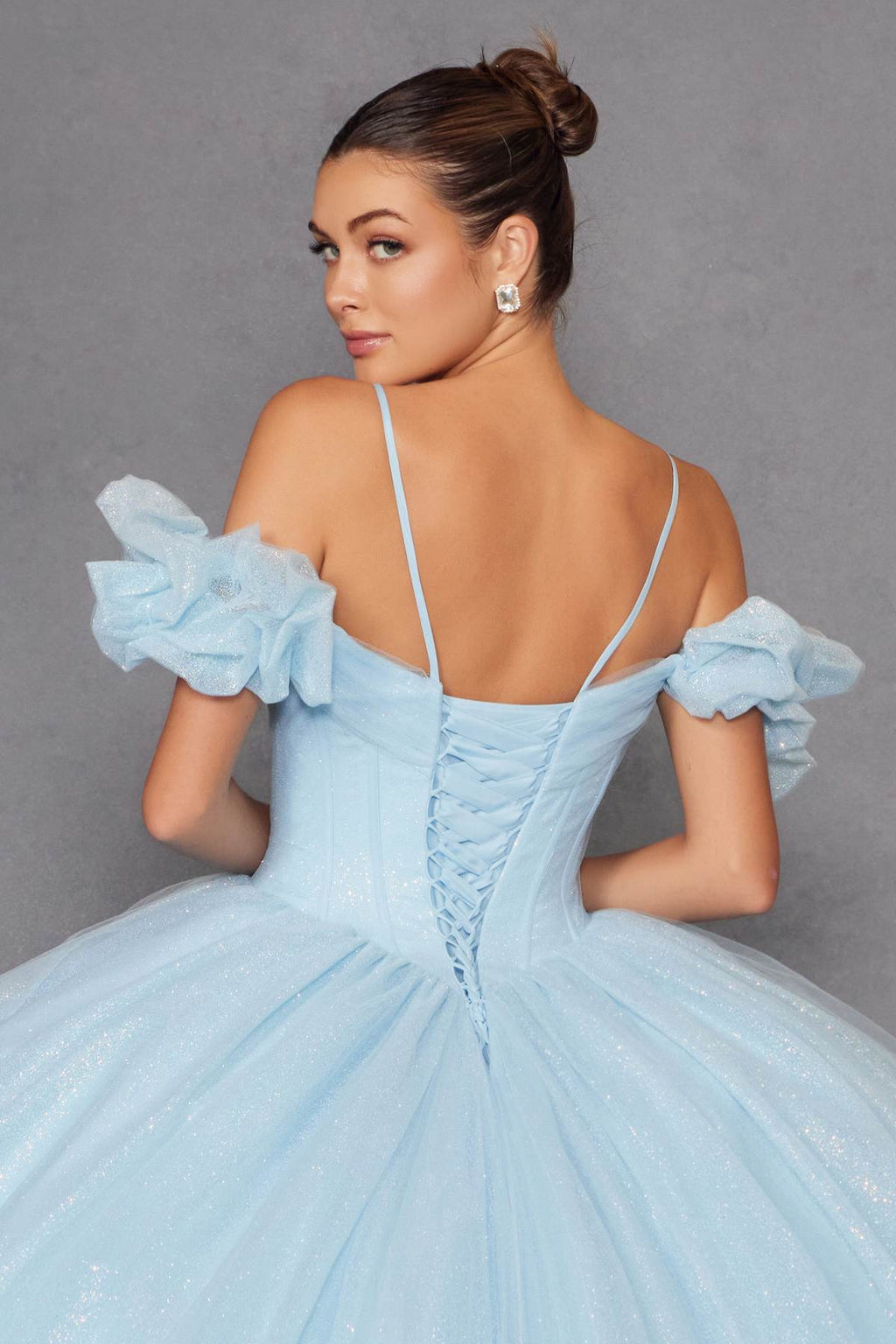 Light blue cold-shoulder ball gown, open back with corset lace-up detail and ruffled sleeves