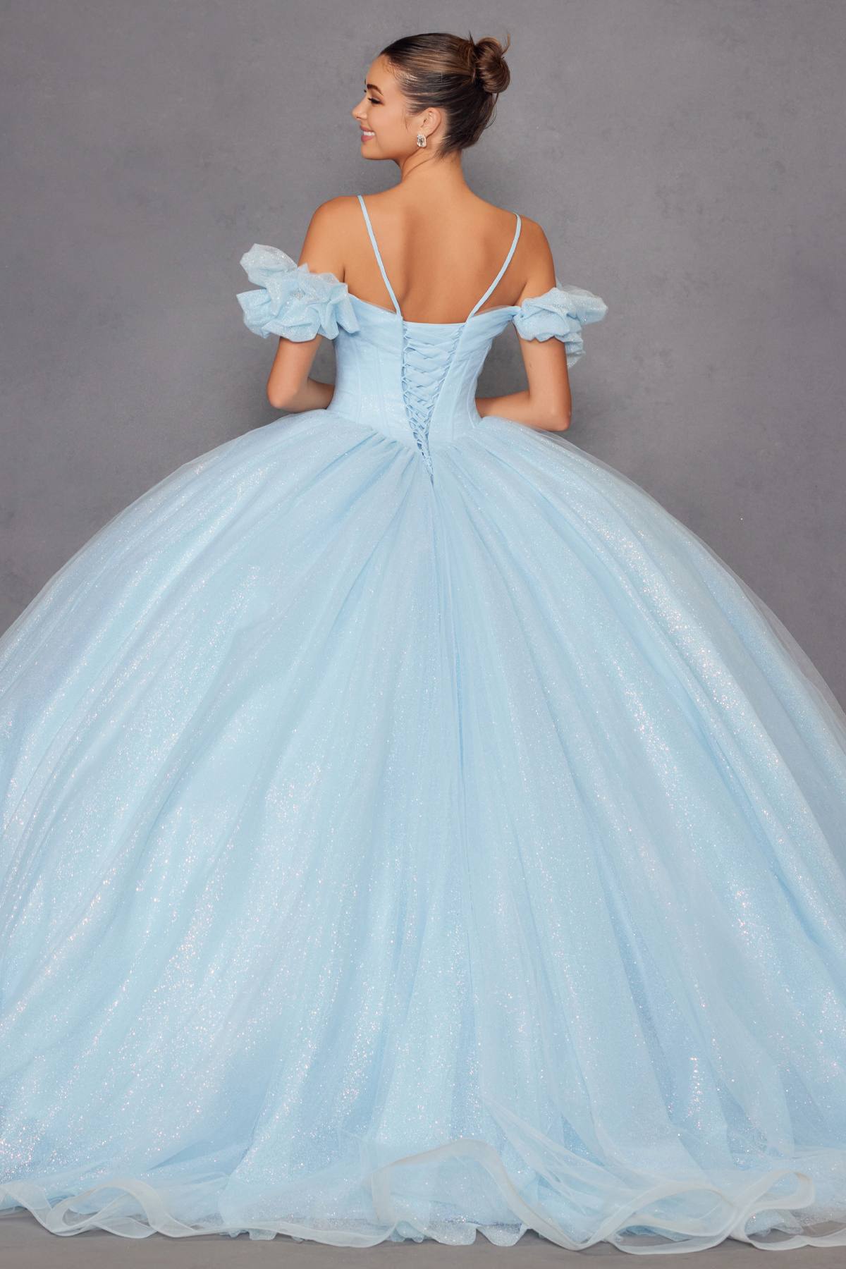 Light blue cold-shoulder ball gown with off-shoulder ruffles and voluminous full skirt