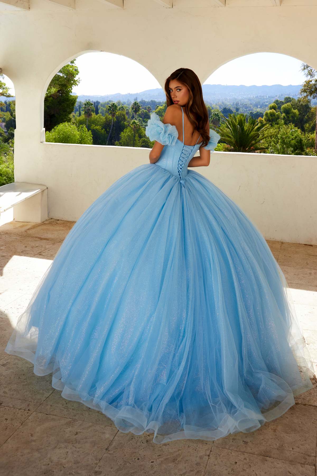Bahama blue cold-shoulder ball gown with sweetheart bodice, puffed off-shoulder sleeves, tulle skirt