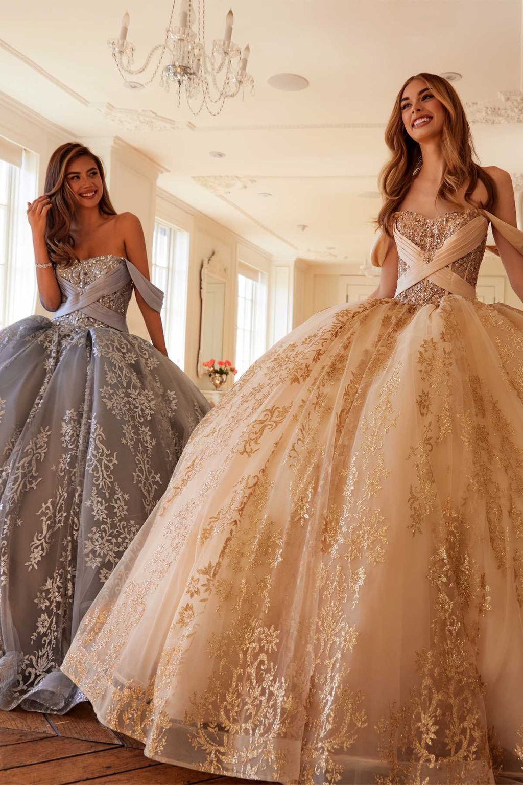 Gold A-line ball gown with embroidered corset bodice, off-shoulder sleeves, full skirt.