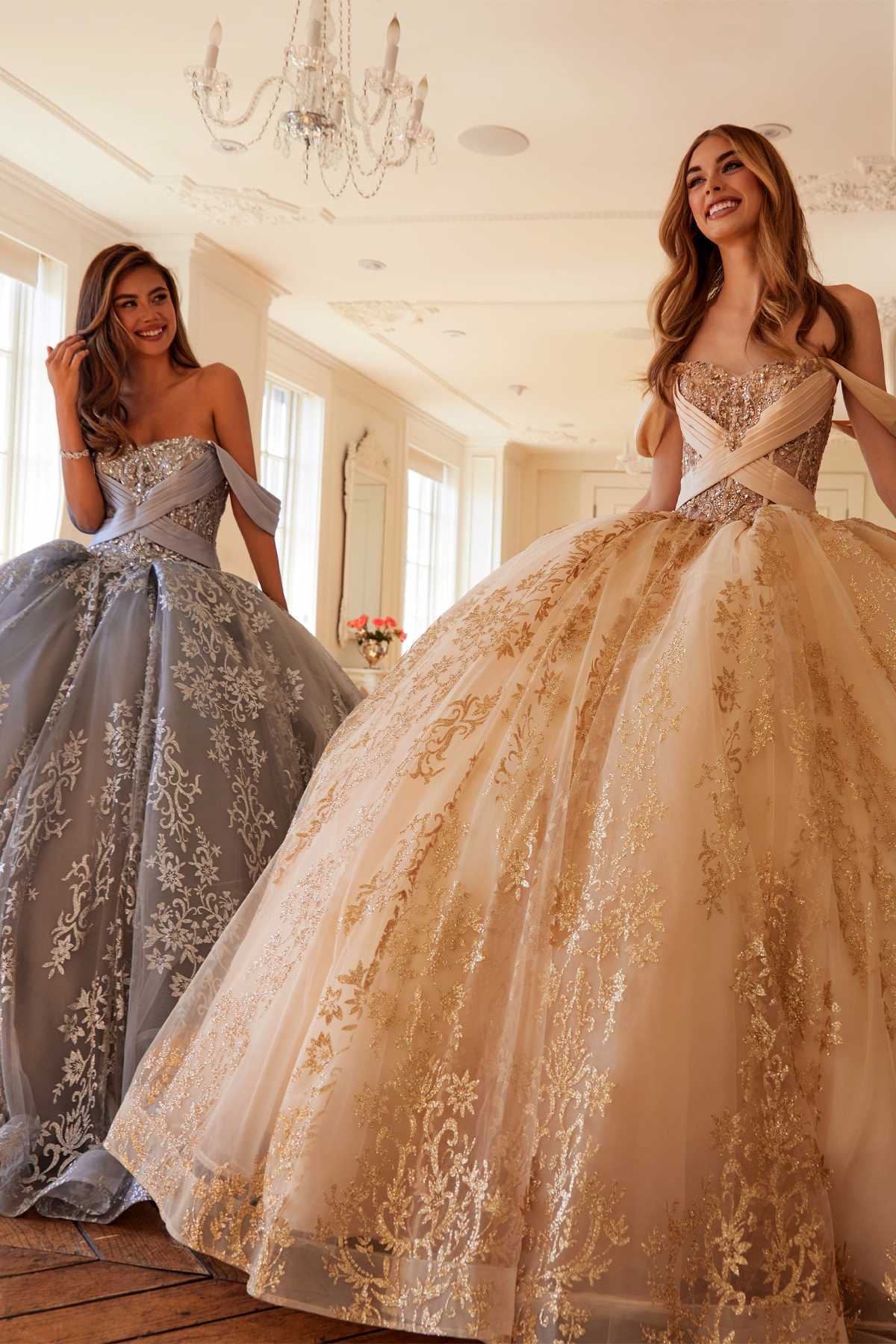 Gold A-line ball gown with embroidered corset bodice, off-shoulder sleeves, full skirt.