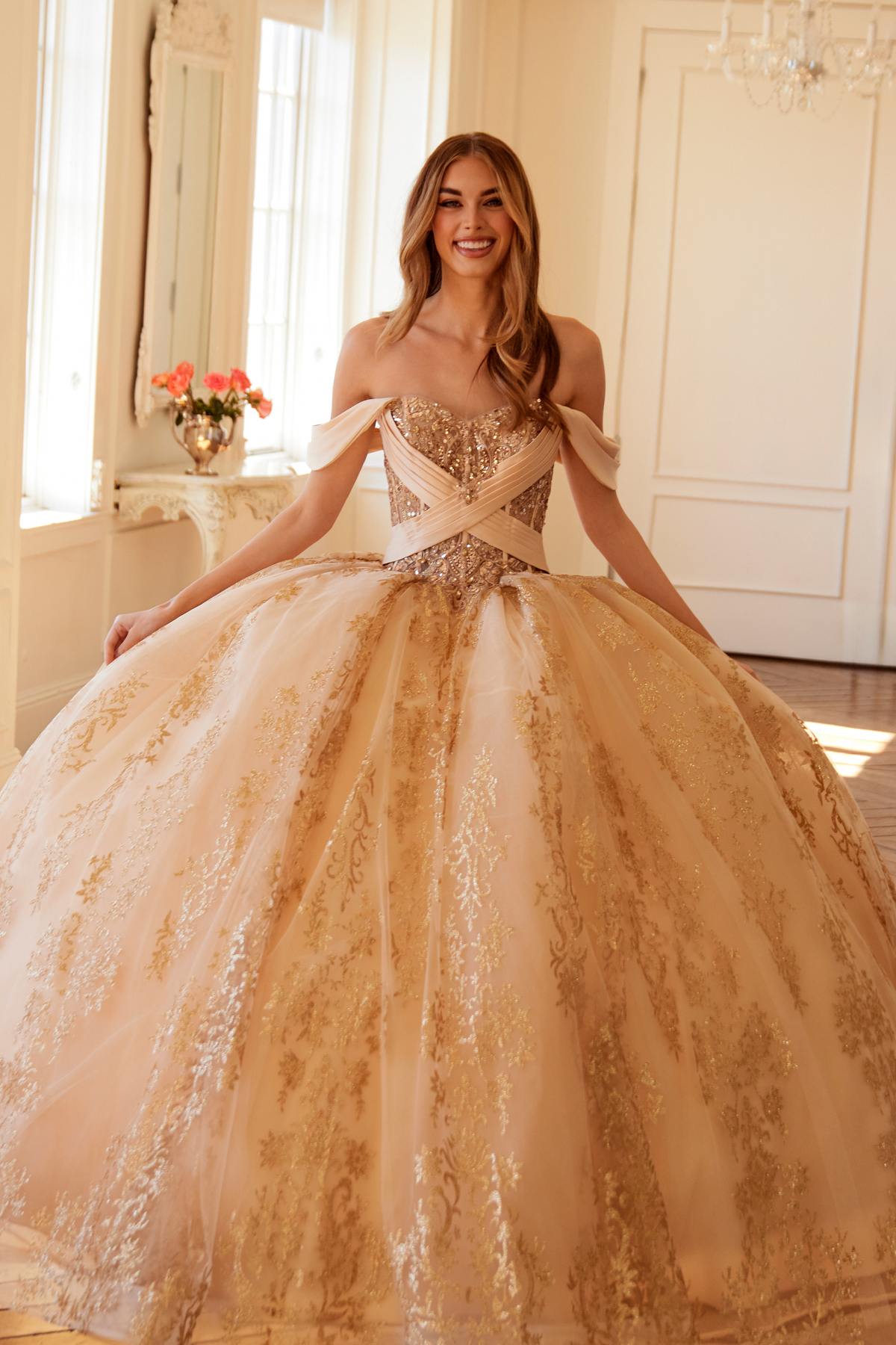 Juliet Royal Princess A-line ball gown in gold, sparkling lace bodice and gathered full skirt
