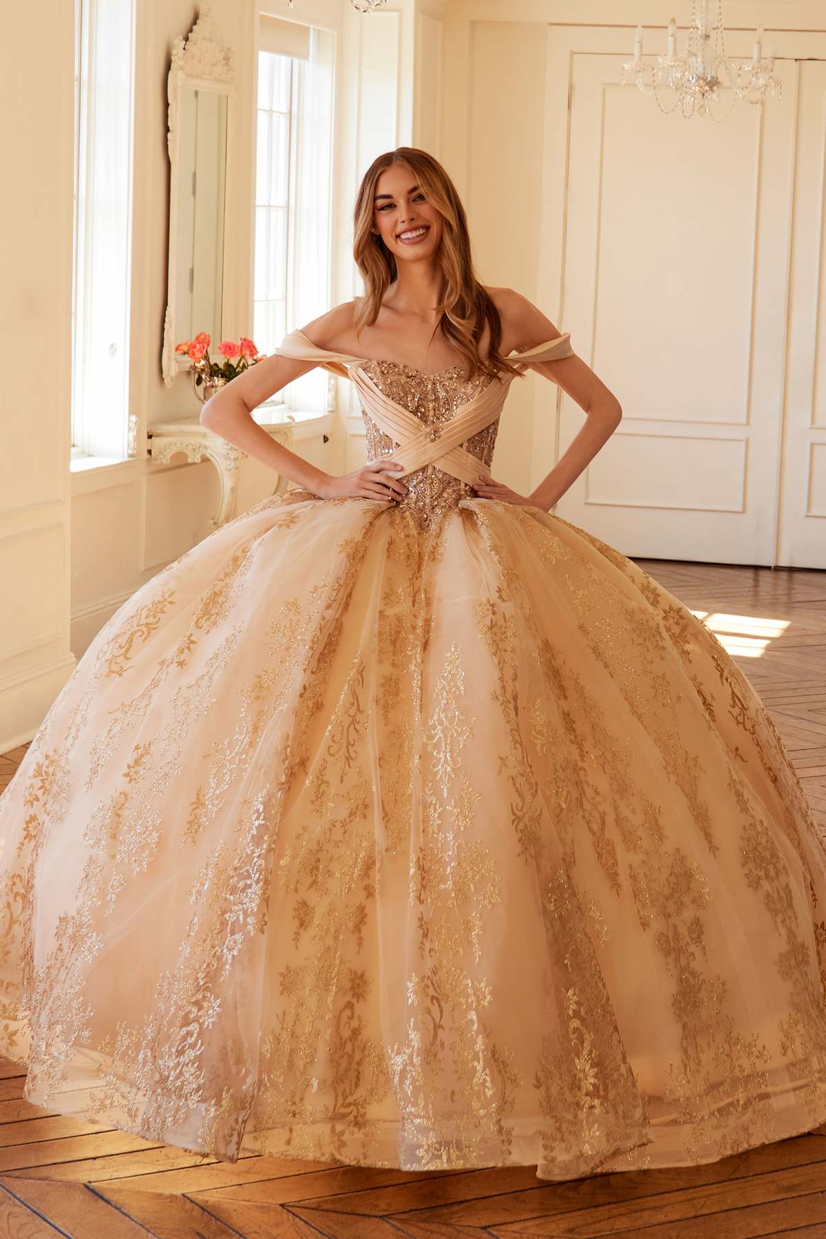 Juliet Royal Princess A-line ball gown in gold, sweetheart bodice and lace skirt