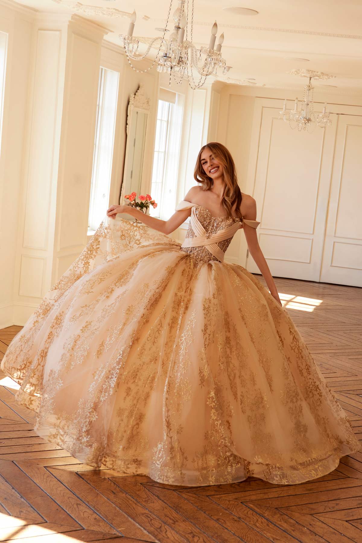 Juliet Royal Princess A-line ball gown in gold, lace overlay bodice and twirl-ready skirt