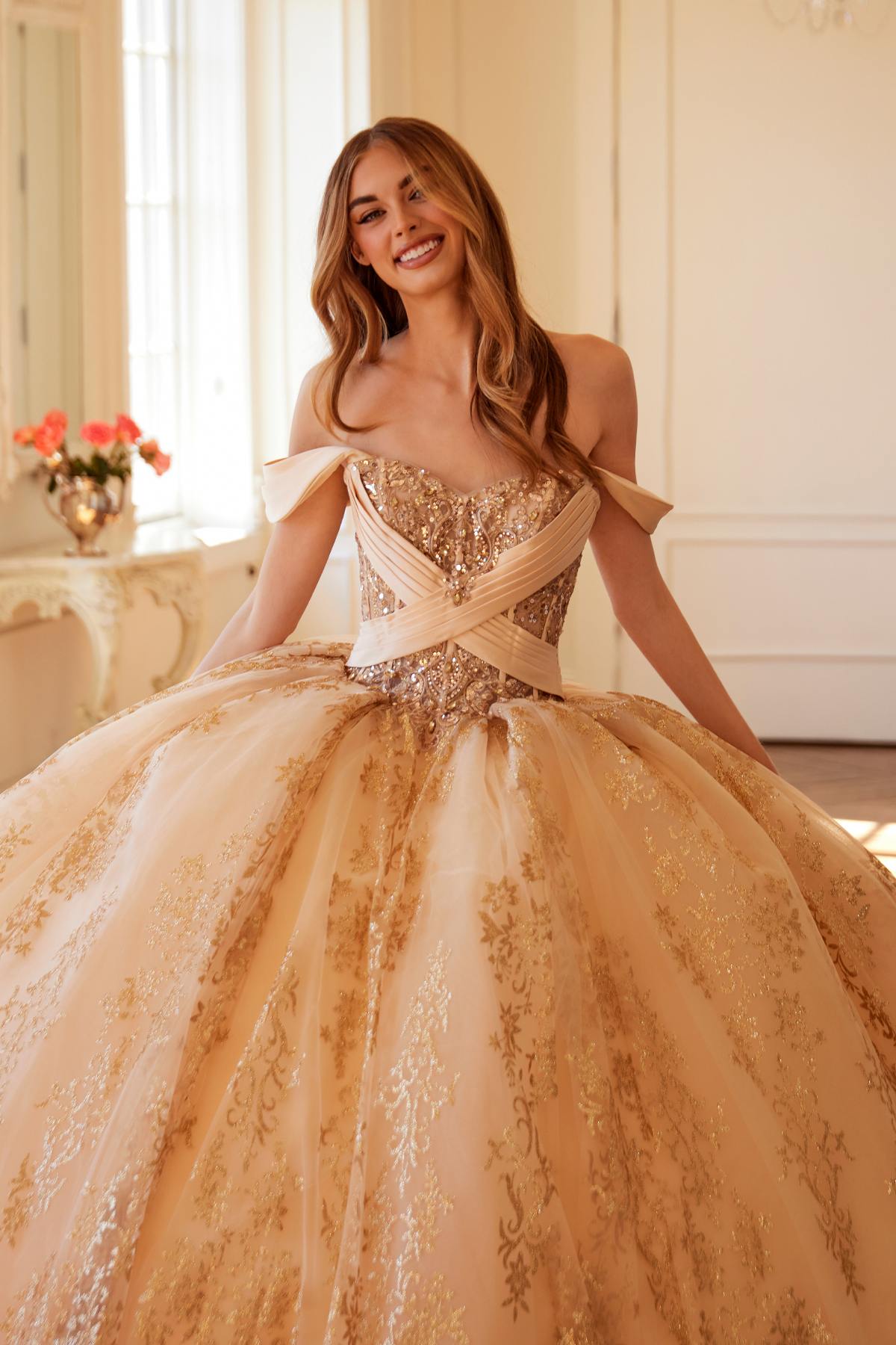 Juliet Royal Princess A-line ball gown in gold, sweetheart neckline with lace corset bodice