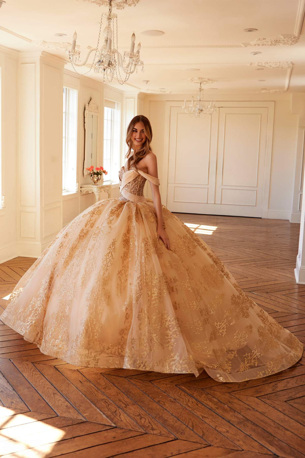 Juliet Royal Princess A-line ball gown in gold, floor-length lace skirt with wide flare