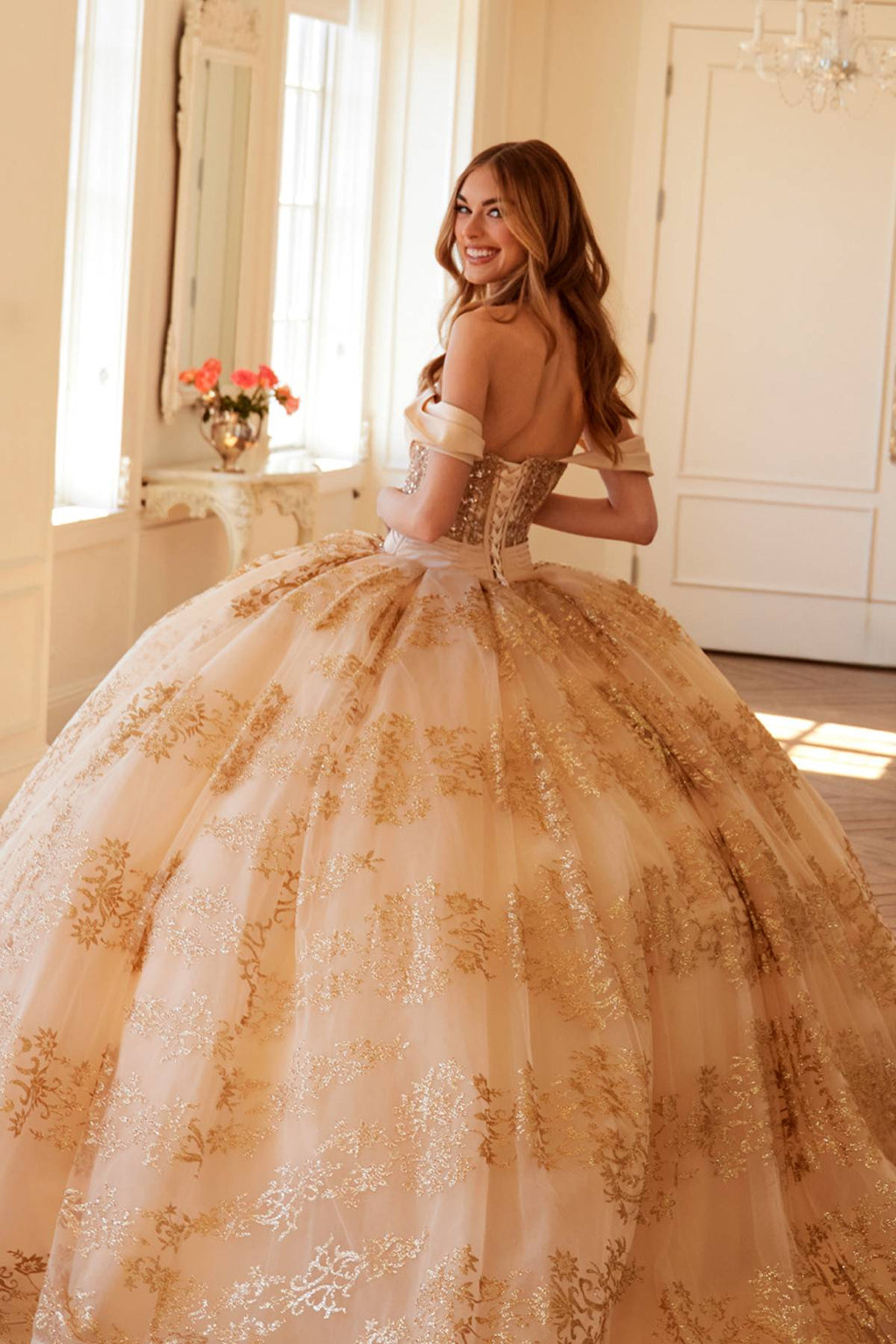Juliet Royal Princess A-line ball gown in gold, lace tulle skirt with soft gathered volume