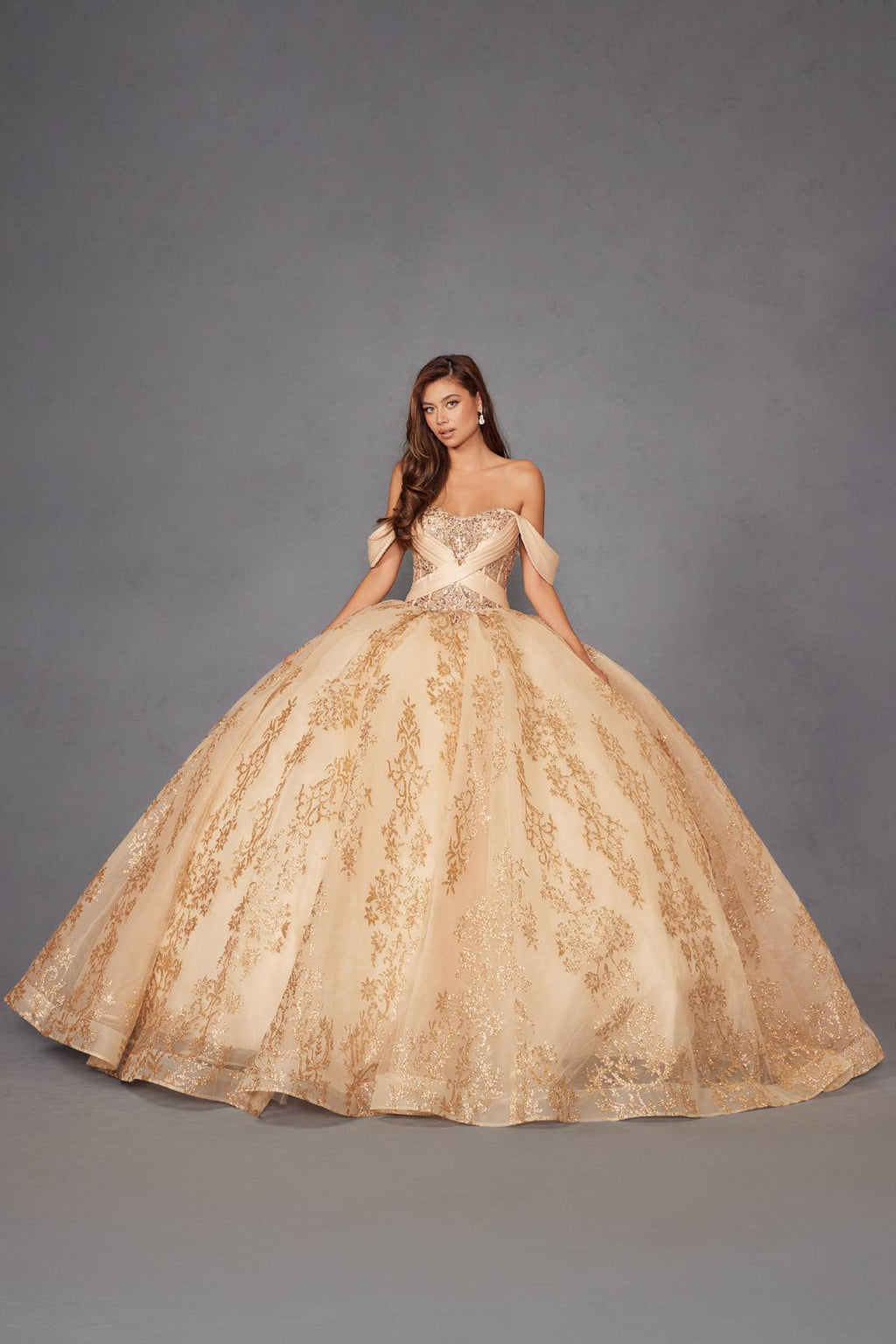 Gold embroidered ball gown with sweetheart neckline and full flared A-line skirt.