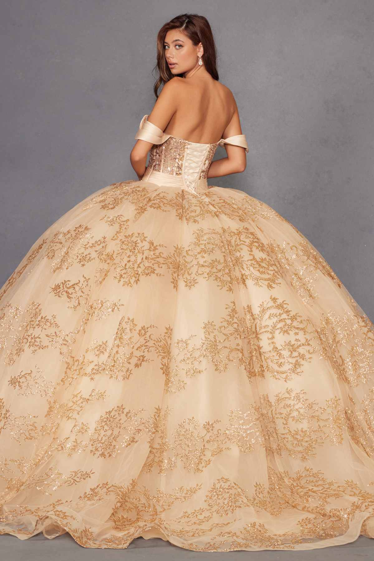 Gold A-line ball gown with embroidered corset bodice and voluminous skirt.