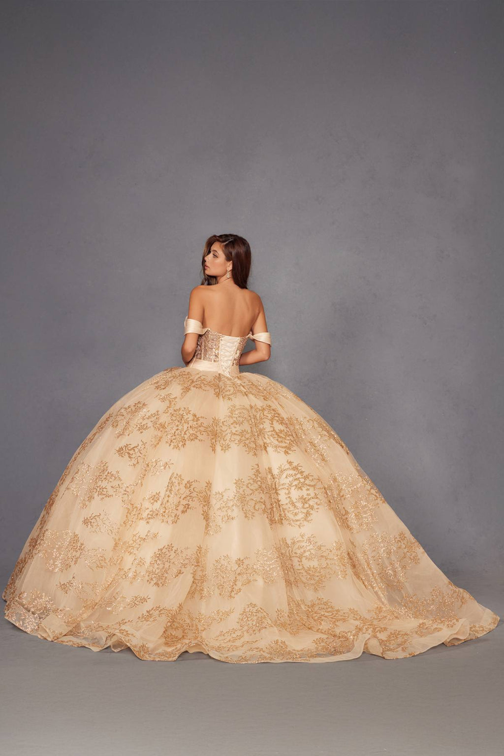 Gold embroidered ball gown with fitted off-shoulder bodice and full flared skirt.