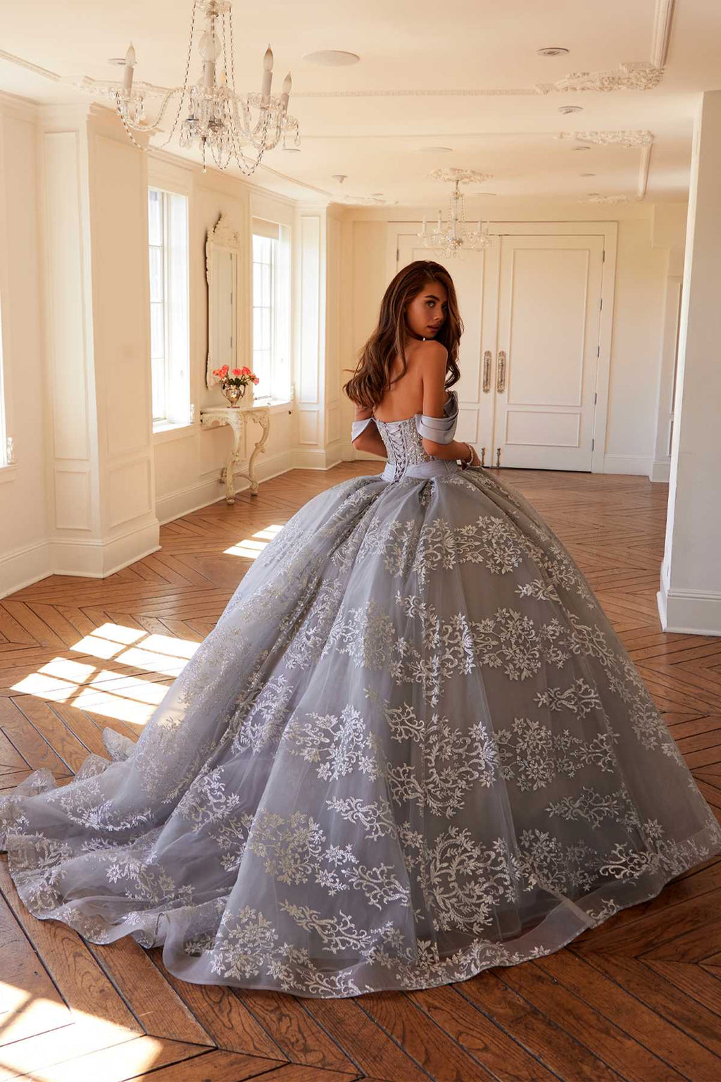 Silver A-line ball gown with off-shoulder sleeves, corset bodice, and full gathered skirt