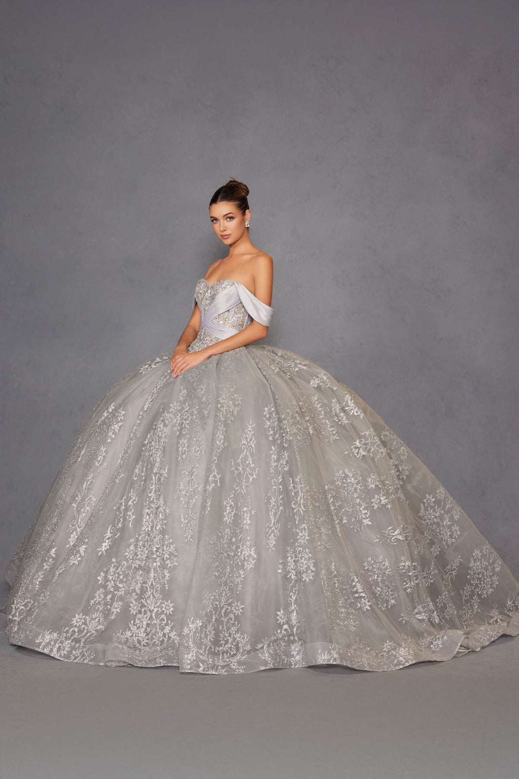 Silver A-line ball gown with off-shoulder sleeves and ornate glitter floral applique