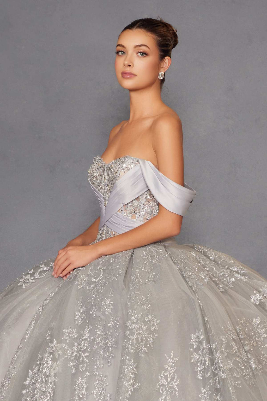 Silver A-line ball gown with off-shoulder sleeves, corset bodice, and full skirt