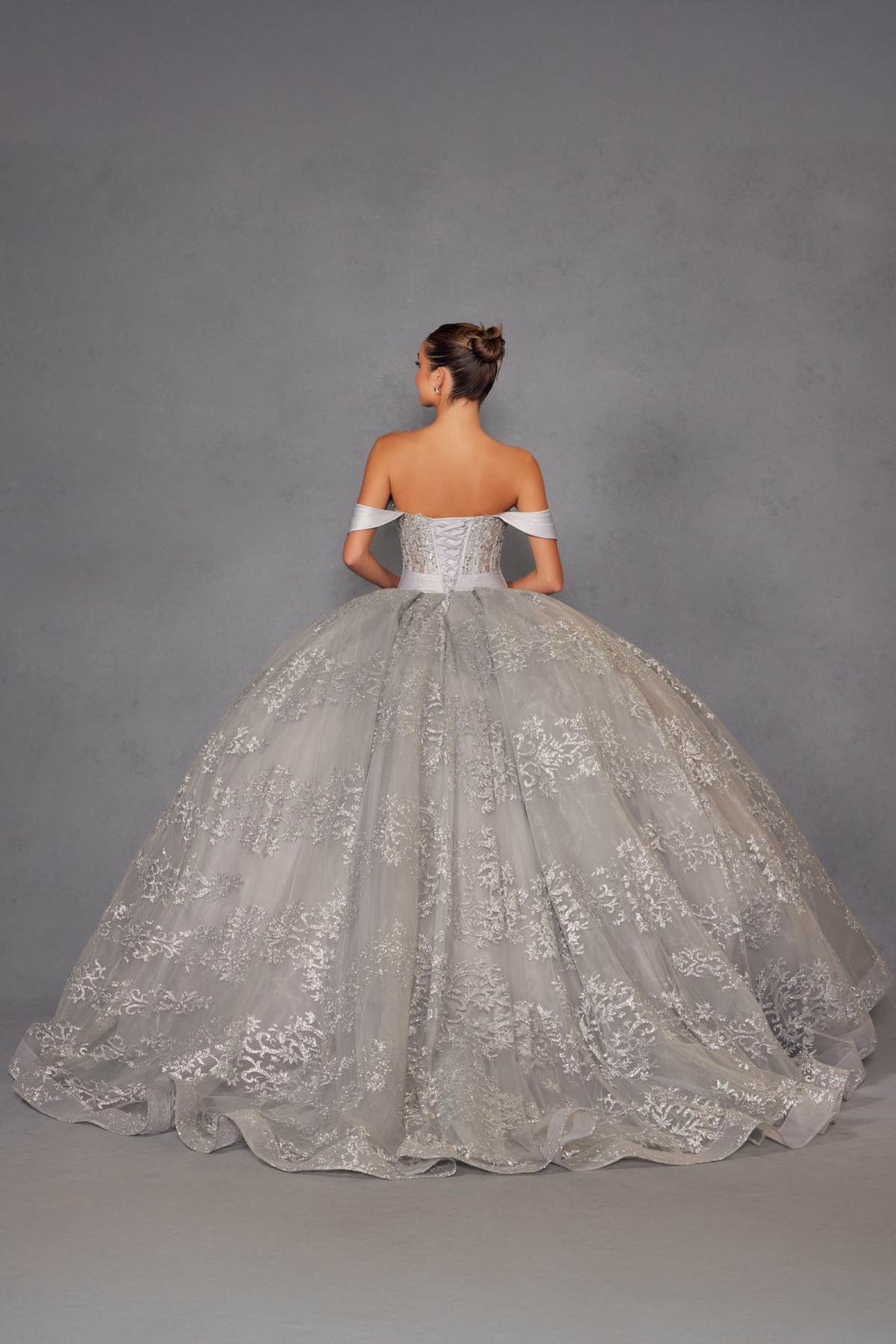 Silver ball gown back view with off-shoulder sleeves and full A-line skirt