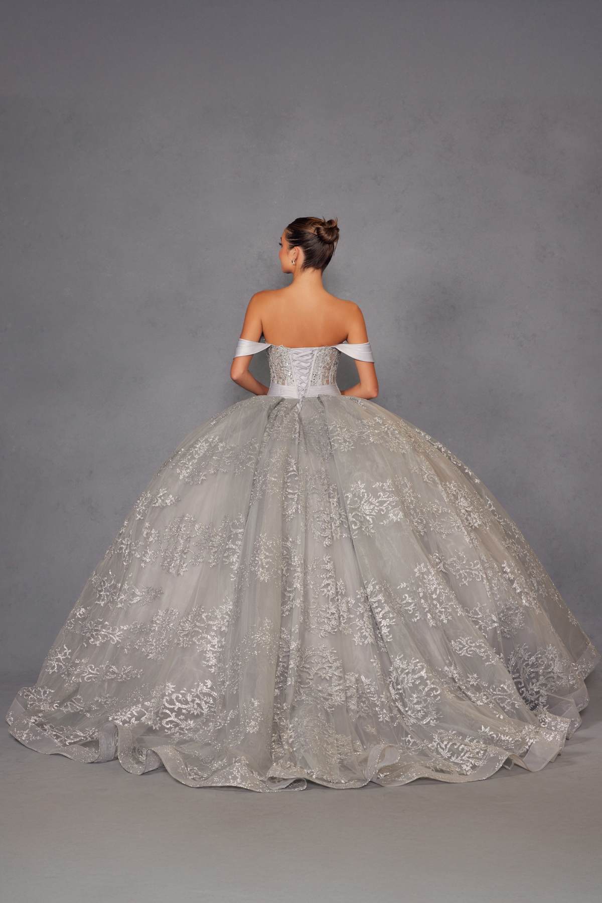 Silver ball gown back view with off-shoulder sleeves and full A-line skirt