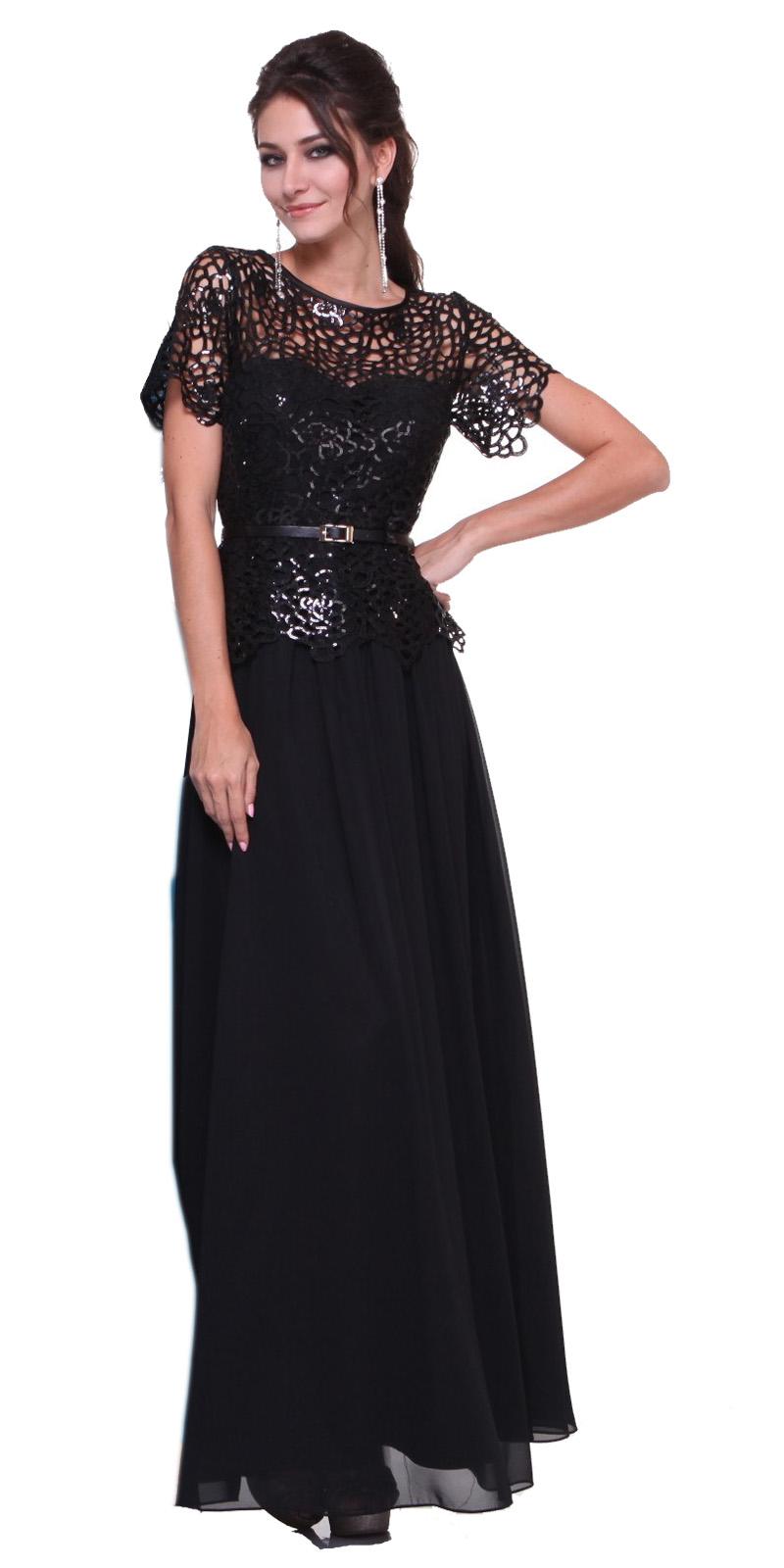 Black lace bodice A-line gown with short sleeves and waist belt