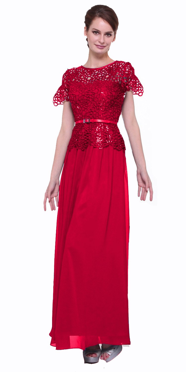 Red lace bodice A-line gown with short sleeves and waist belt