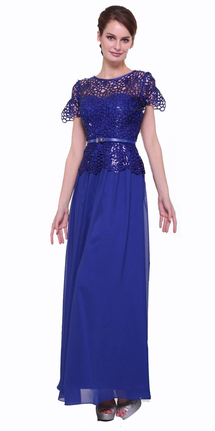 Blue lace bodice A-line gown with short sleeves and waist belt