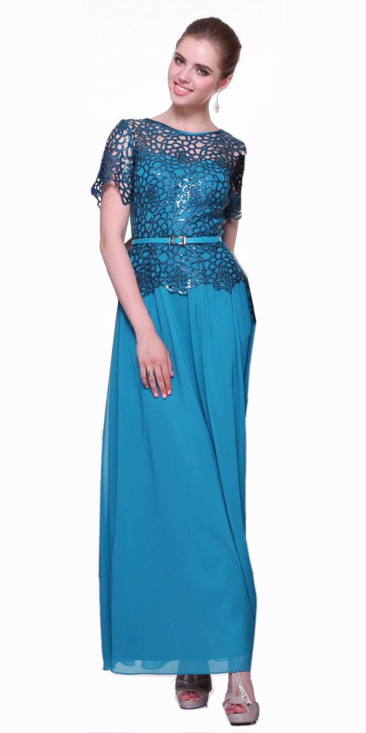 Teal lace bodice A-line gown with short sleeves and waist belt