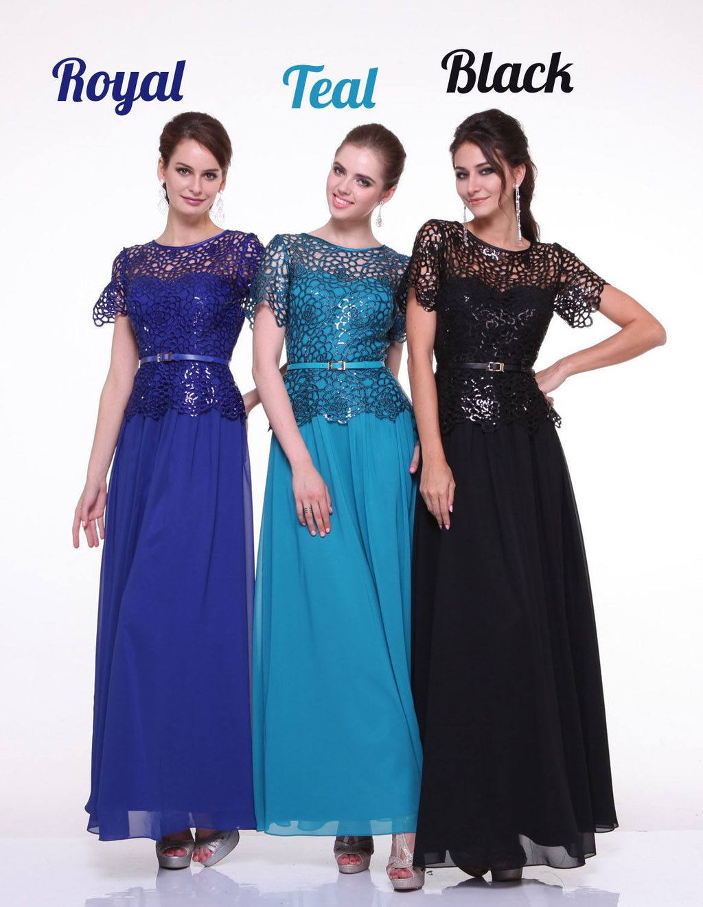 Three lace bodice A-line gowns in royal, teal, and black with short sleeves
