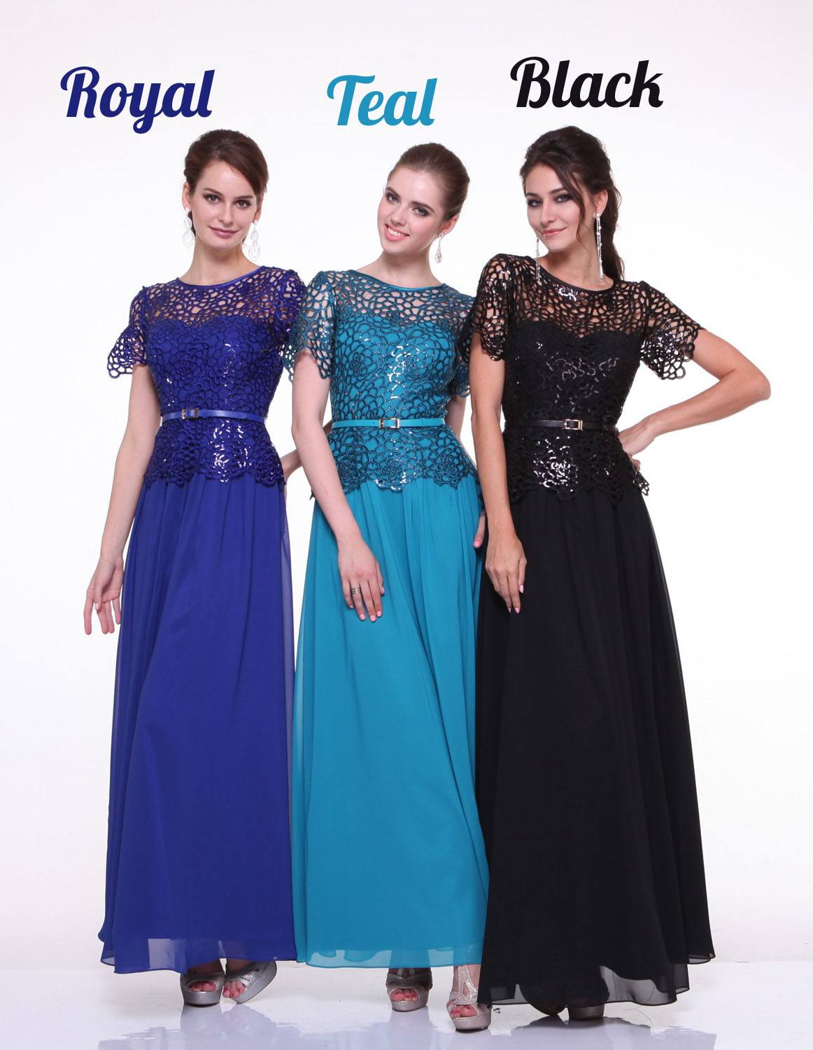 Three lace bodice A-line gowns in royal, teal, and black with short sleeves