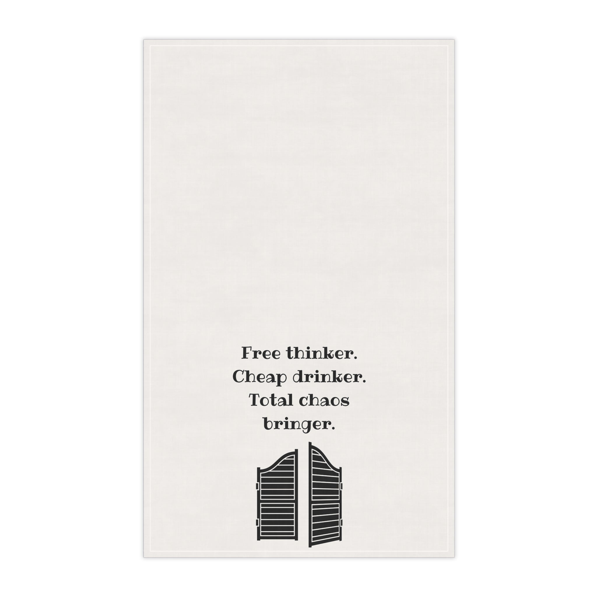 White dish towel laid flat, showing black quote and gate/arches graphic