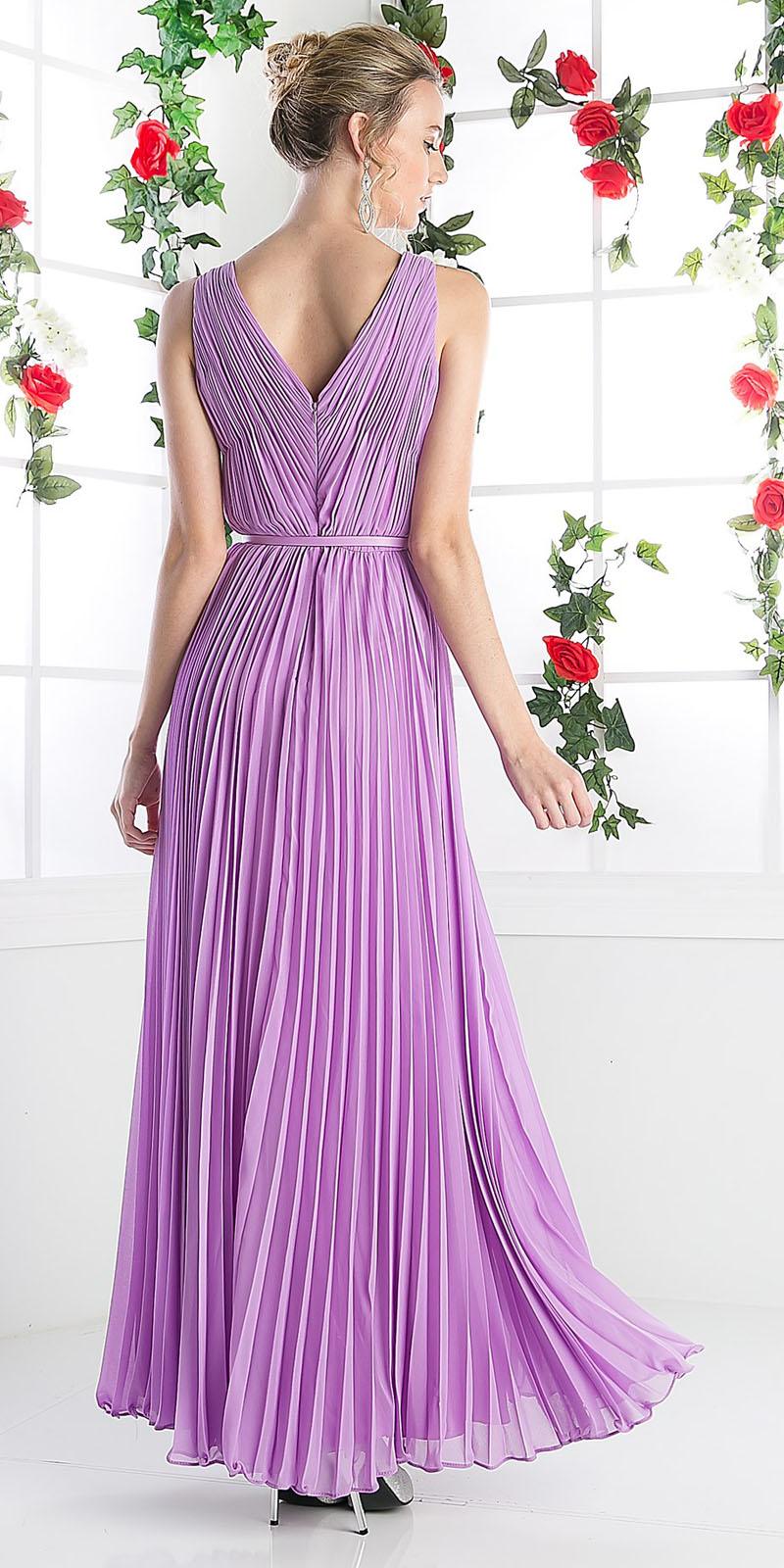Long lavender chiffon pleated sleeveless dress with V-neck and waist belt, back view