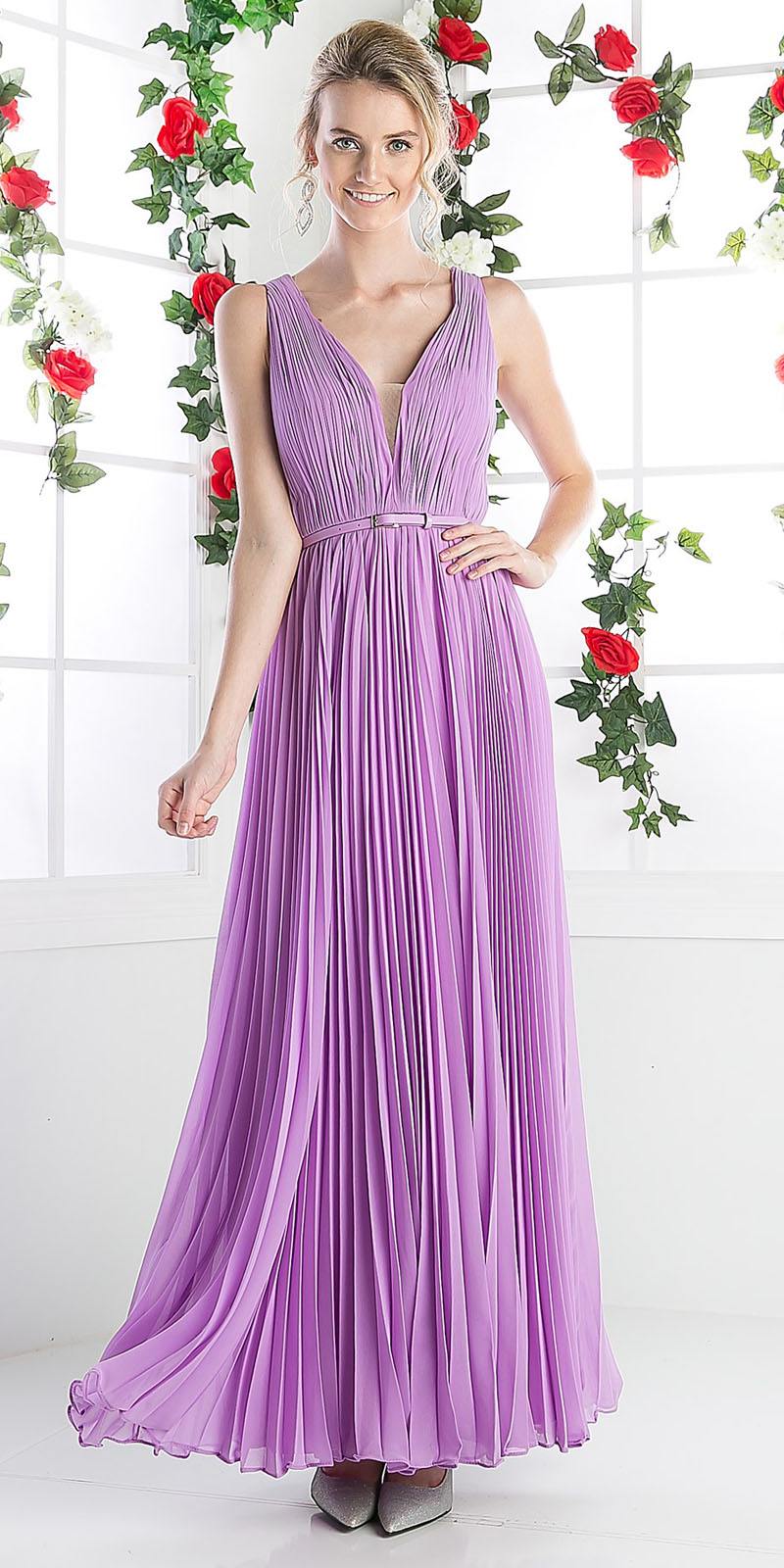 Long lavender chiffon pleated sleeveless dress with V-neck and waist belt