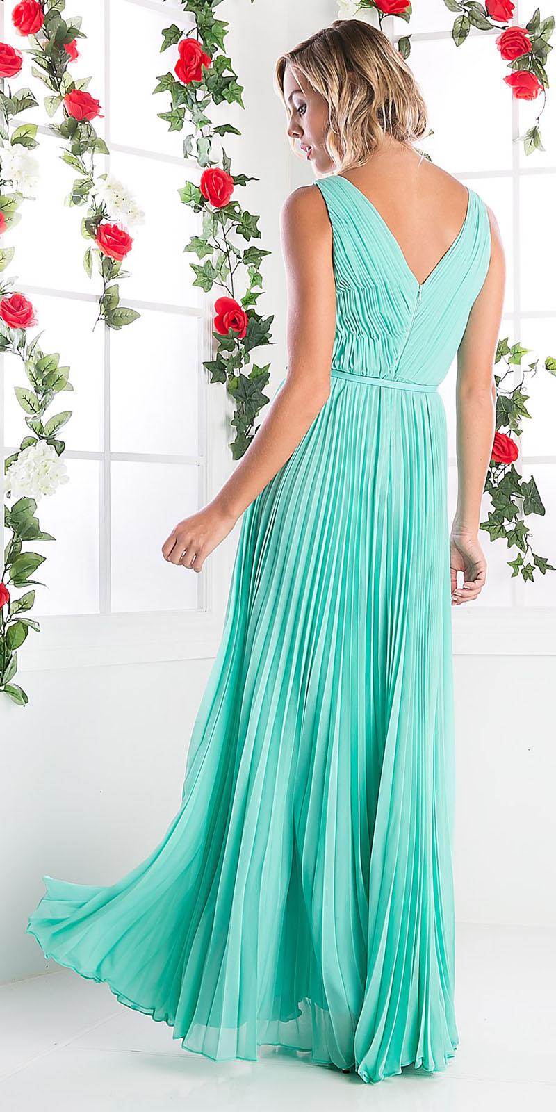 Long mint chiffon pleated sleeveless dress with V-neck and tied waist belt, back view