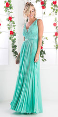 Long mint chiffon pleated sleeveless dress with V-neck and waist belt