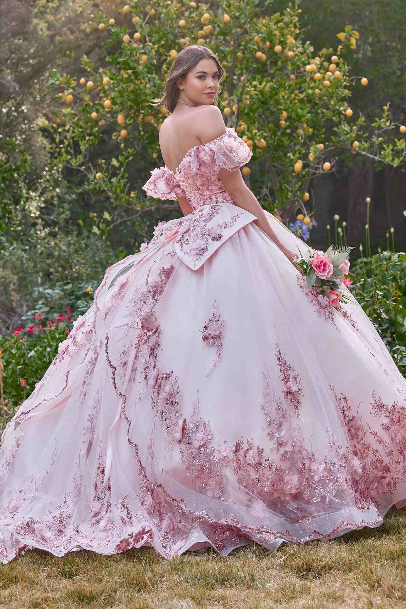 Light pink off-the-shoulder A-line ball gown with lace appliques and softly flared skirt