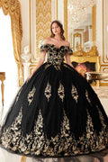 Black off-the-shoulder A-line ball gown with gold floral lace appliques and voluminous skirt