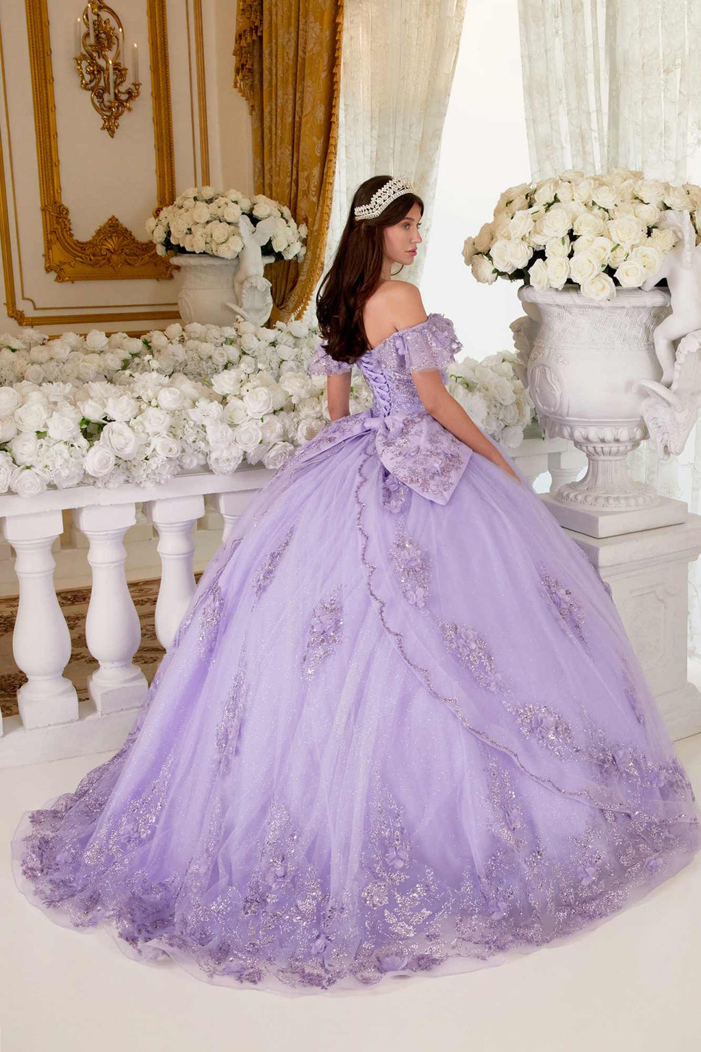 Lavender off-shoulder A-line quince ball gown, full skirt with lace applique