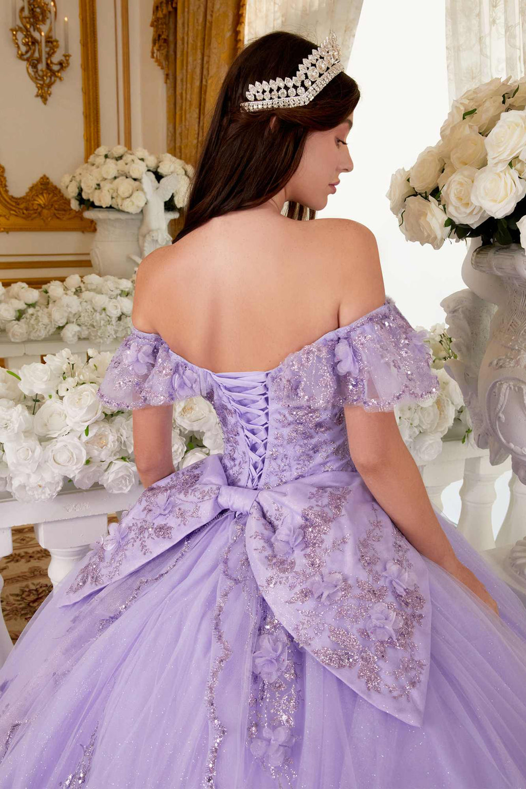 Lavender off-shoulder A-line quince ball gown with floral embroidery and bow detail
