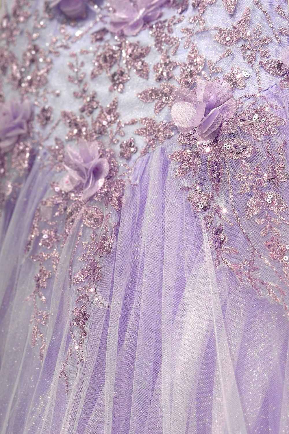 Lavender bodice with sparkling floral beading and sheer embroidered tulle skirt