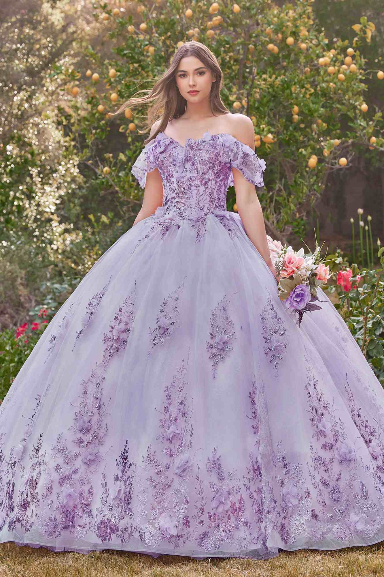 Lavender off-shoulder A-line quince ball gown with floral pattern and glitter tulle