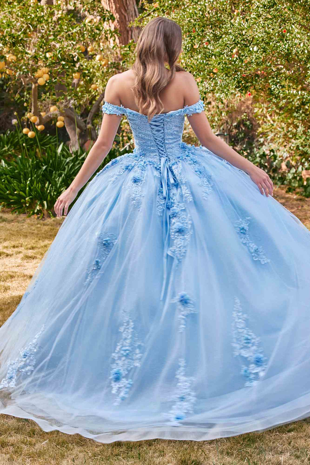 Light blue off-shoulder ball gown with corset back and full tulle skirt, appliques detail