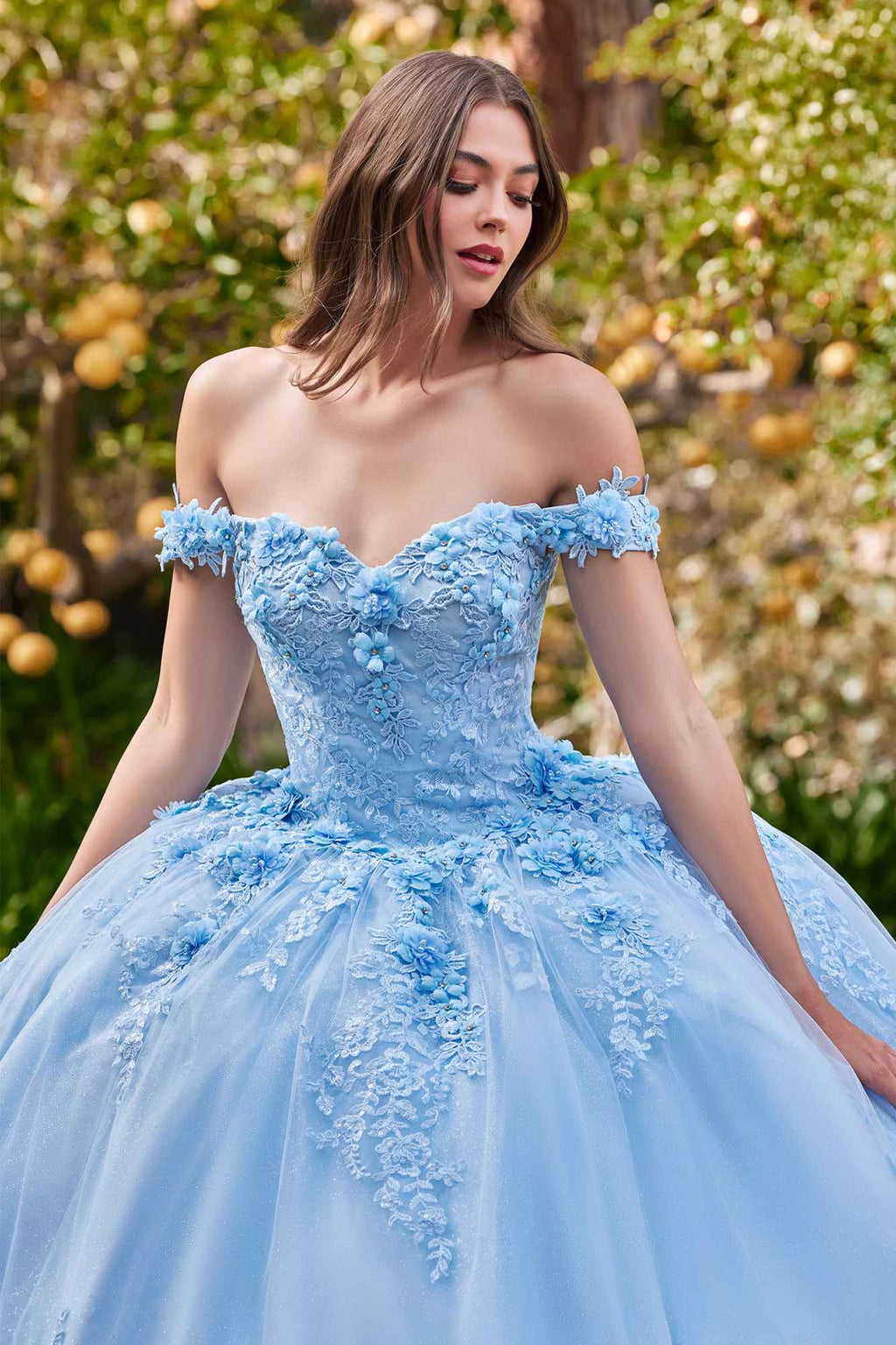 Light blue off-shoulder ball gown with textured floral bodice and full tulle skirt