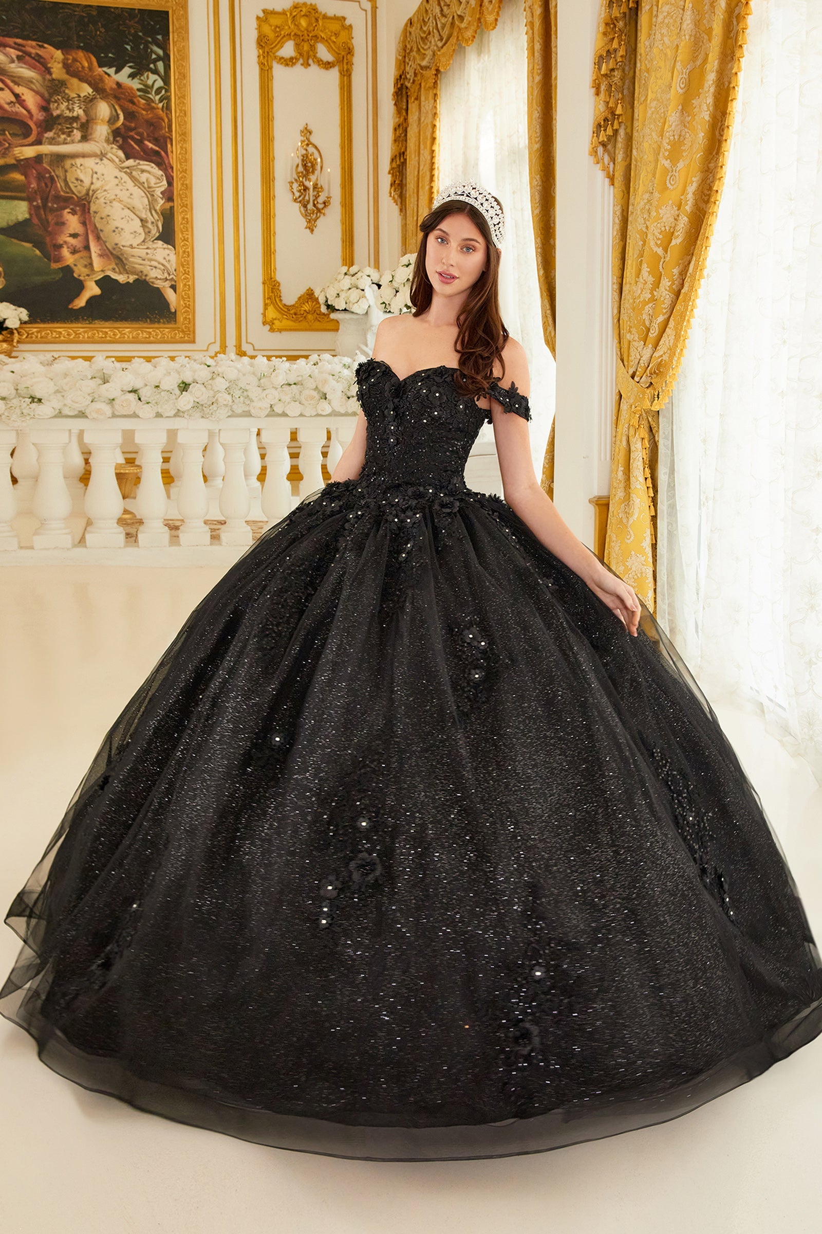 Black off-shoulder floral ball gown with sparkling bodice and full tulle skirt