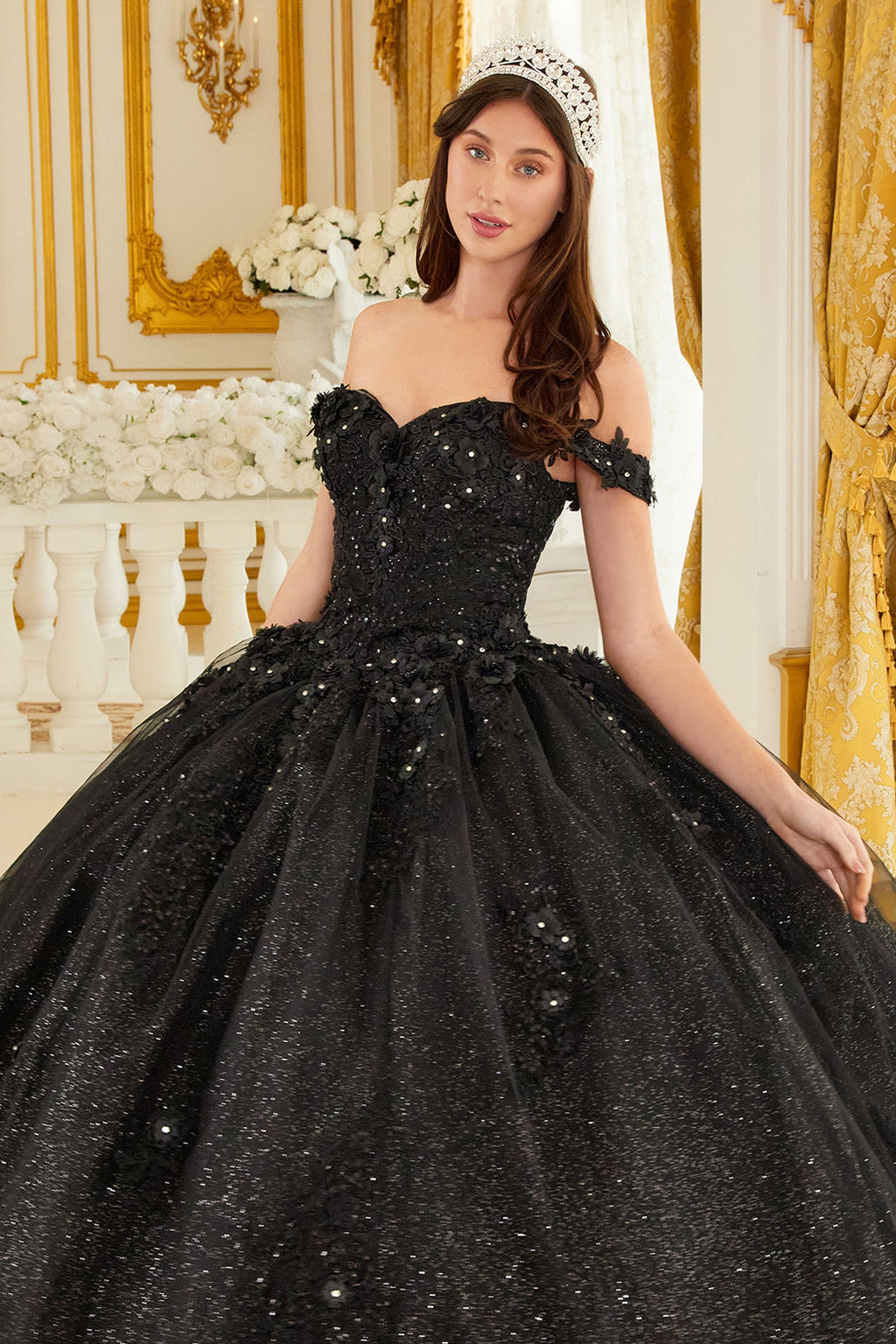 Black off-shoulder corset ball gown with beaded floral appliques and full skirt